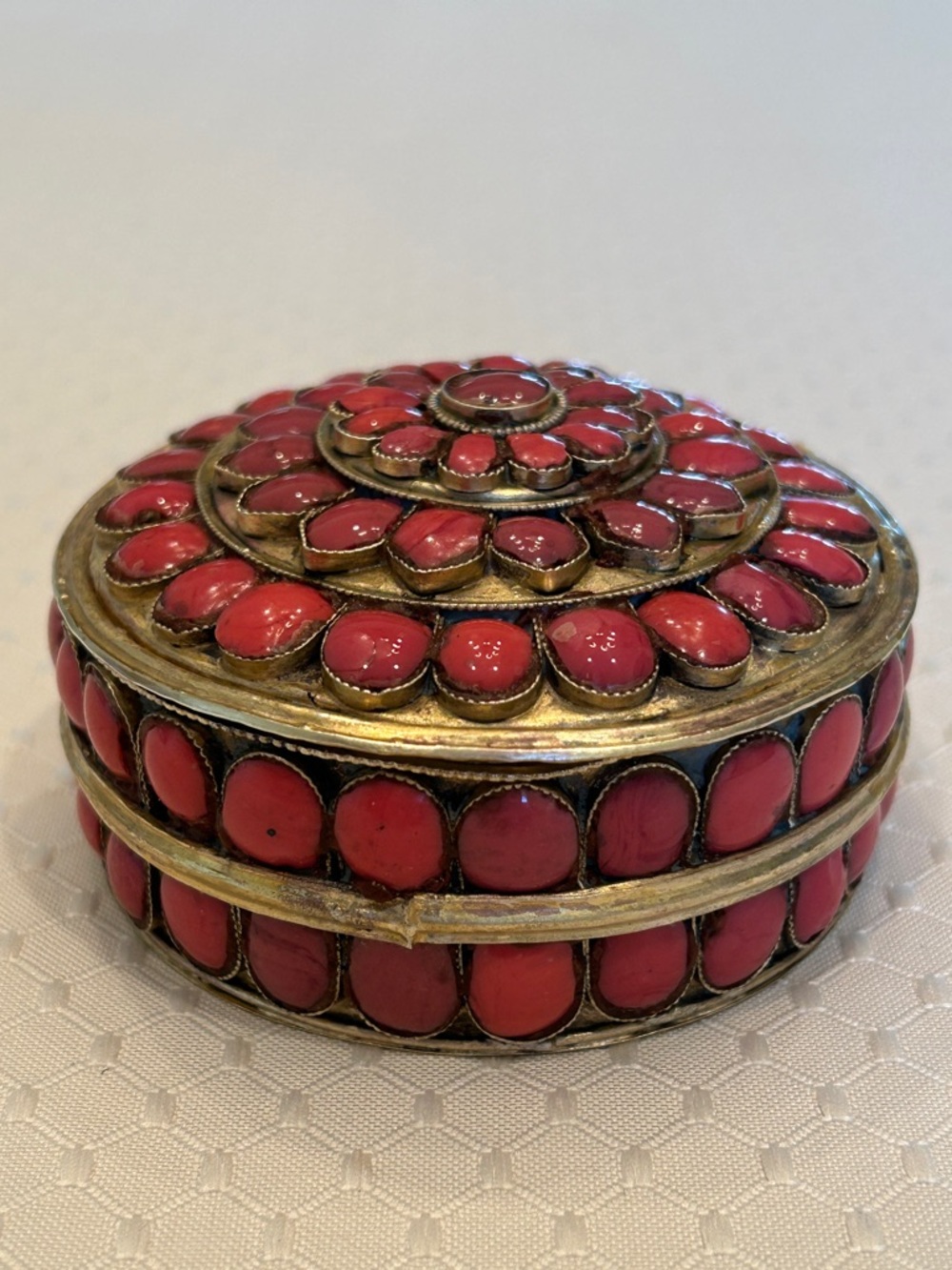 Antique Chinese Tibetan Metal Brass & Coral Trinket Box Lid Filigree